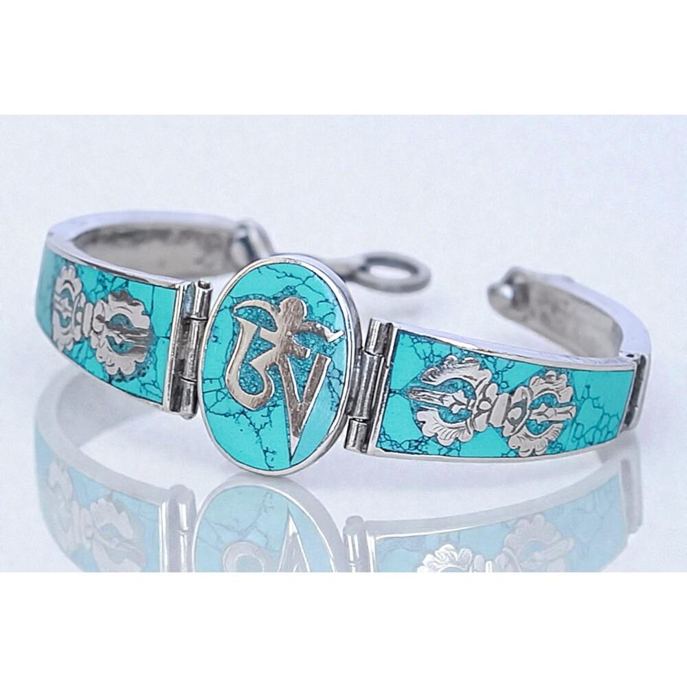 Vintage Sterling Silver 925 Tibetan Om Turquoise Inlay Bracelet 6.5" 24g